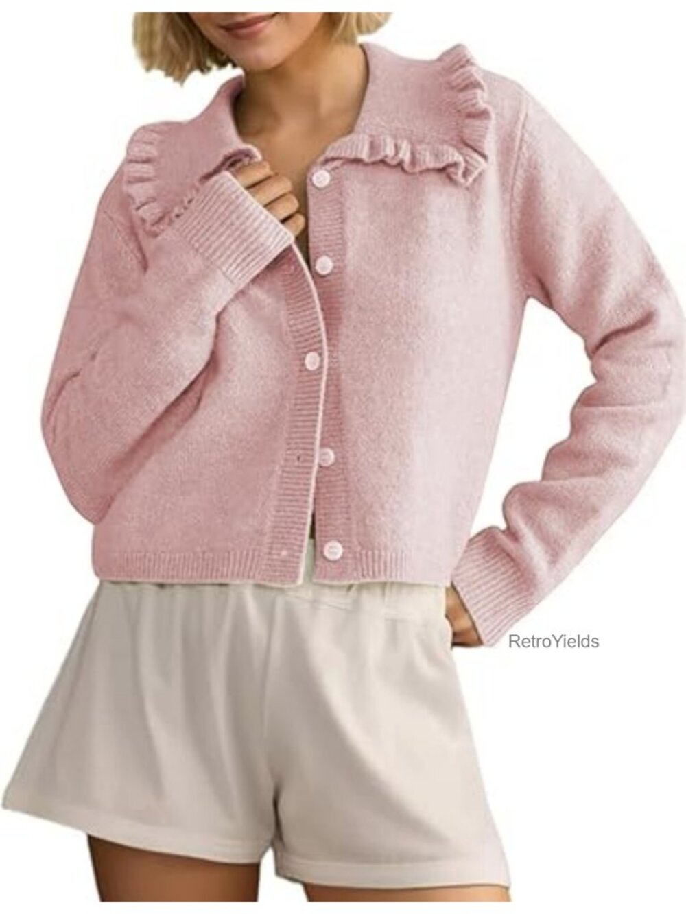 Womens Ruffle Cropped Sweater Open Front Long Sleeve Knitted Cardigan